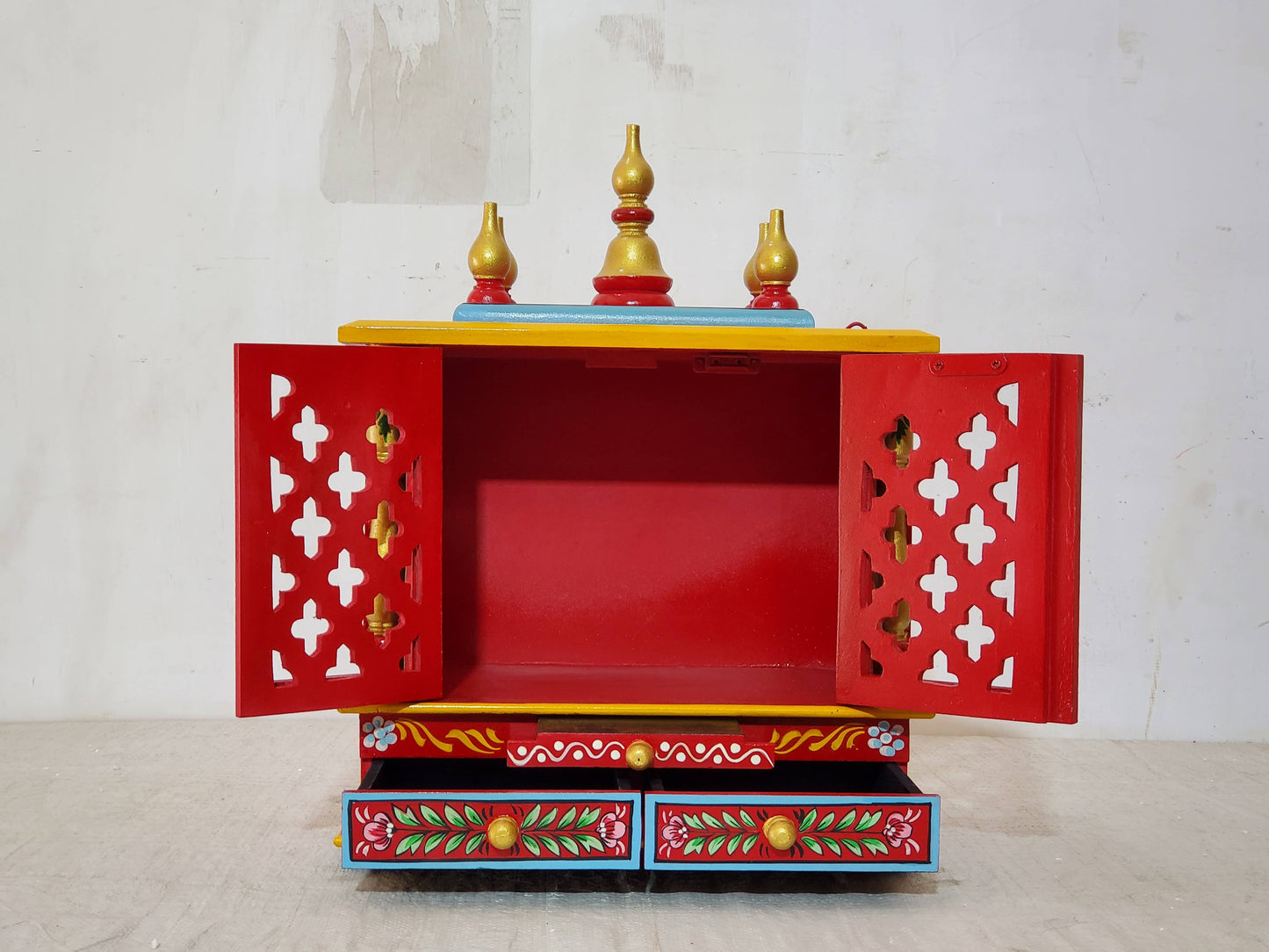 Handcrafted Red Wooden Temple with Drawers