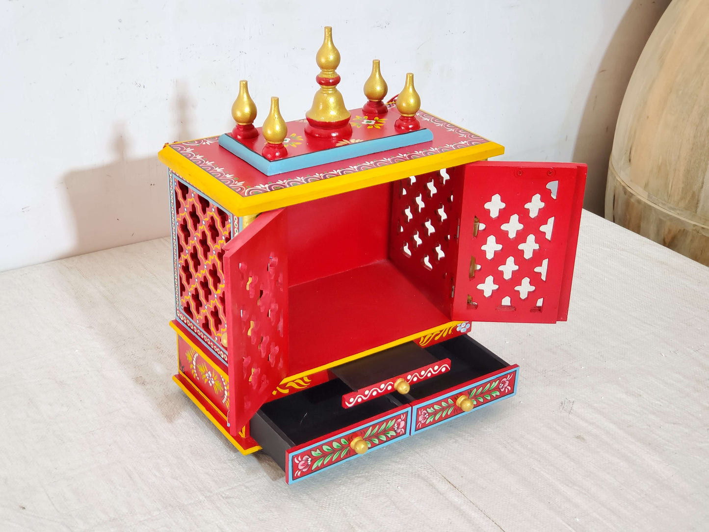 Handcrafted Red Wooden Temple with Drawers
