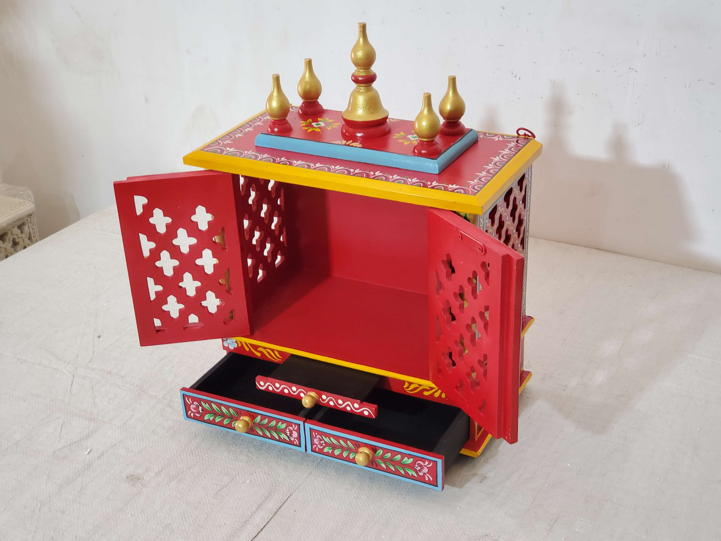 Handcrafted Red Wooden Temple with Drawers