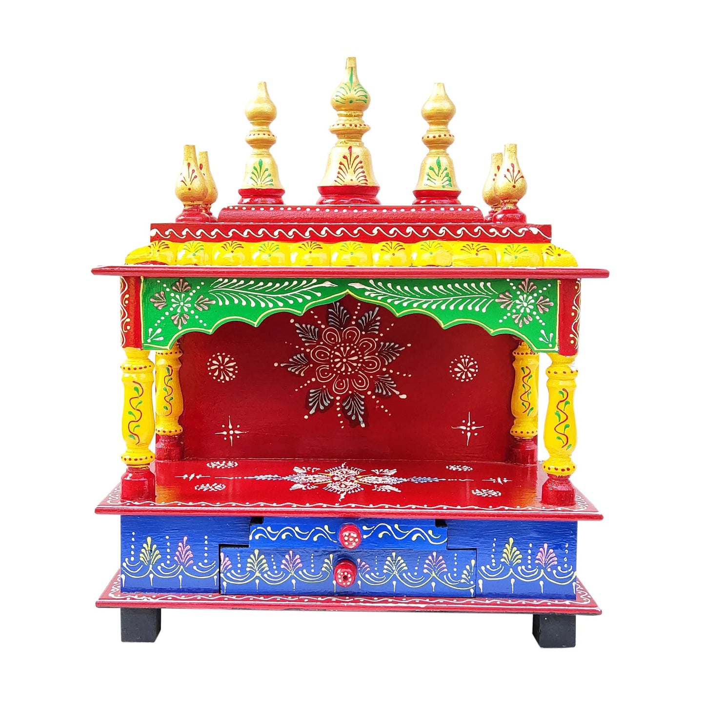 Wooden Temple Hindu Mandir Handmade Red & Blue