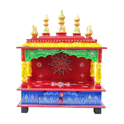 Wooden Temple Hindu Mandir Handmade Red & Blue
