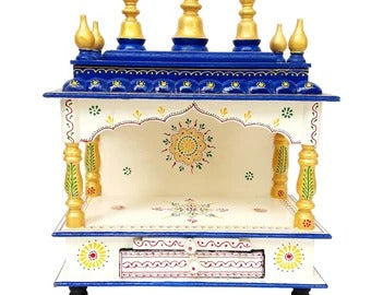 Wooden Temple Hindu Mandir Handmade Red & Blue