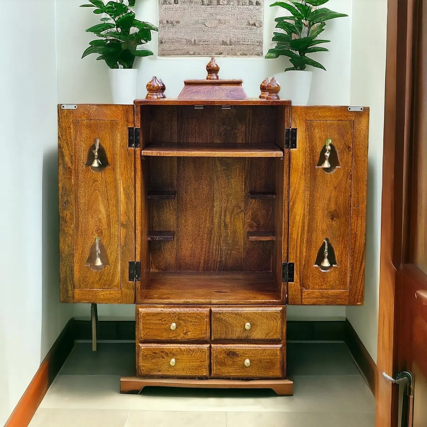 Premium Wooden Hindu Temple With 4 Drawers.