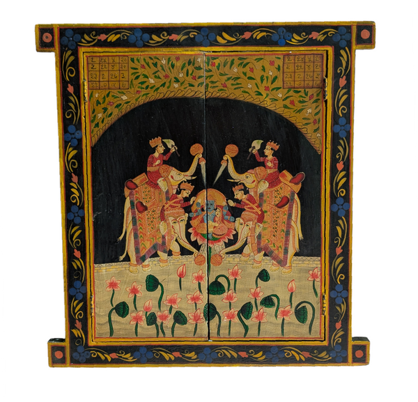 Double Elephant and Radha Krishna Wooden Window