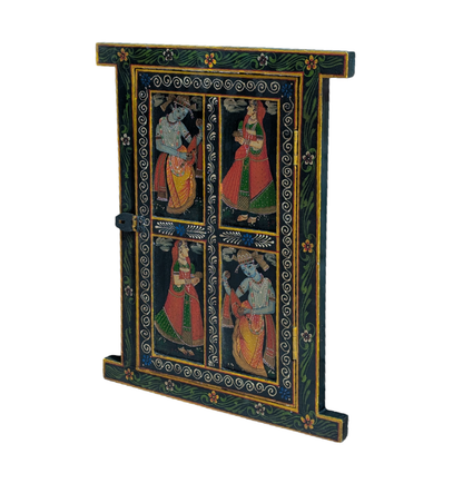 Double Elephant and Radha Krishna Wooden Window