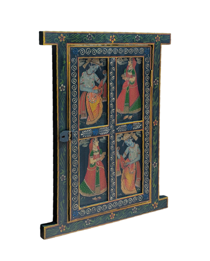 Double Elephant and Radha Krishna Wooden Window