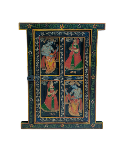 Double Elephant and Radha Krishna Wooden Window