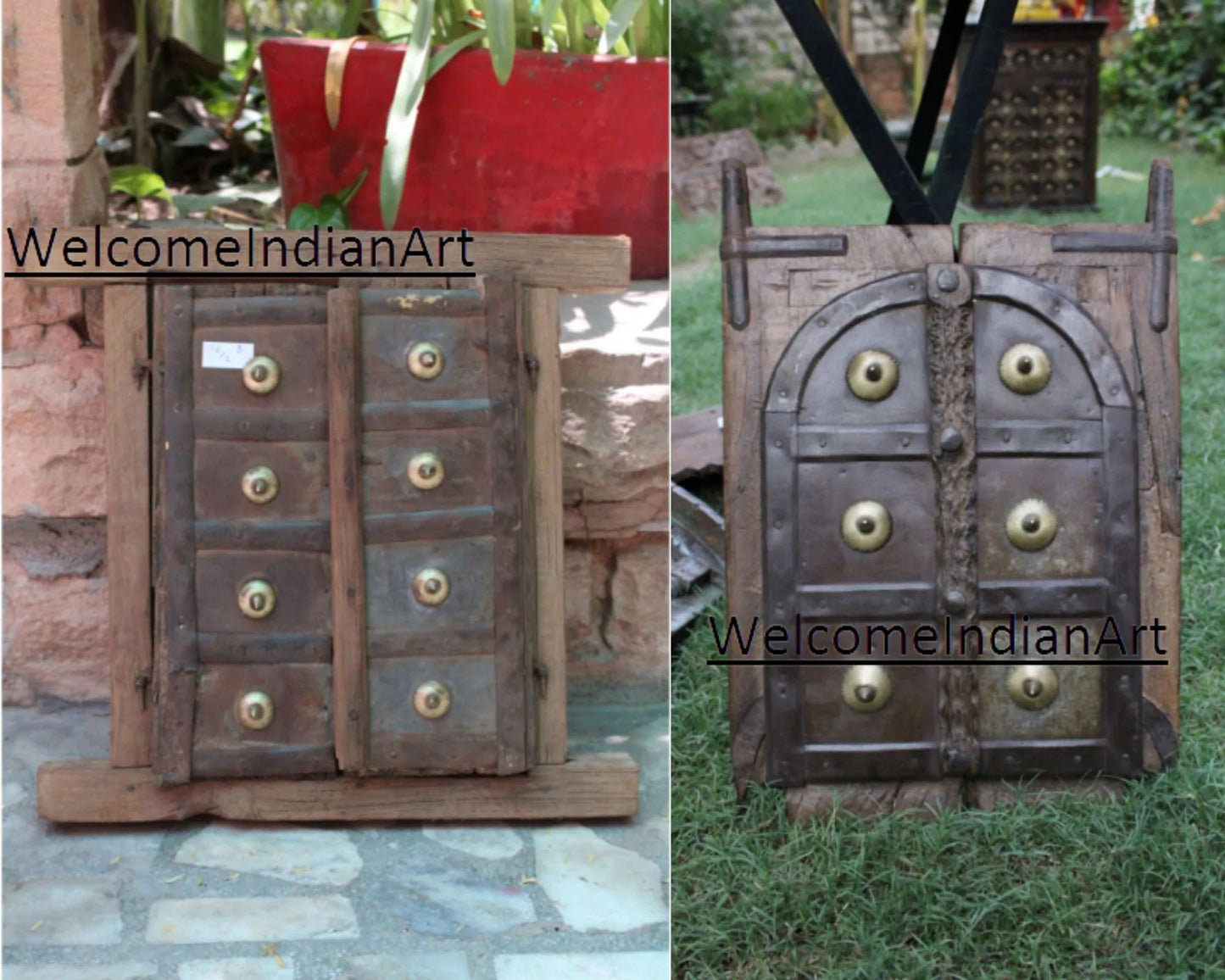 Two wooden doors with brass fixtures on a stone path and grassy area, branded 'WelcomeIndianArt'.