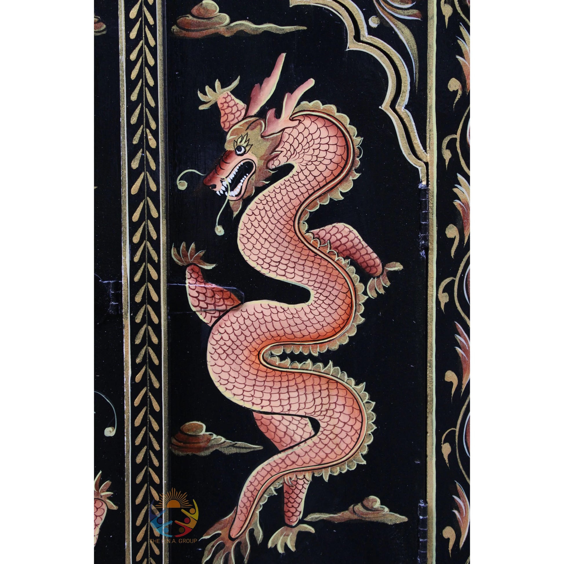 Decorative panel with a pink dragon on a black background