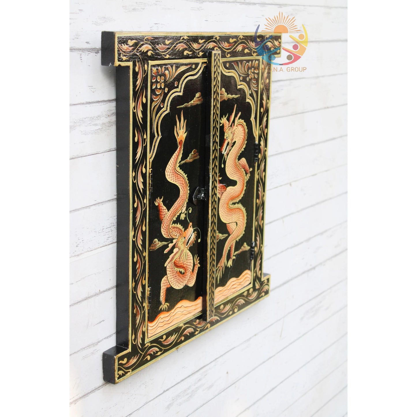 Decorative panel with dragon design on a white wooden background