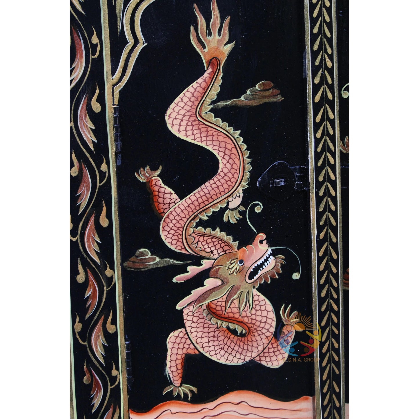 Decorative panel with a pink dragon on a black background