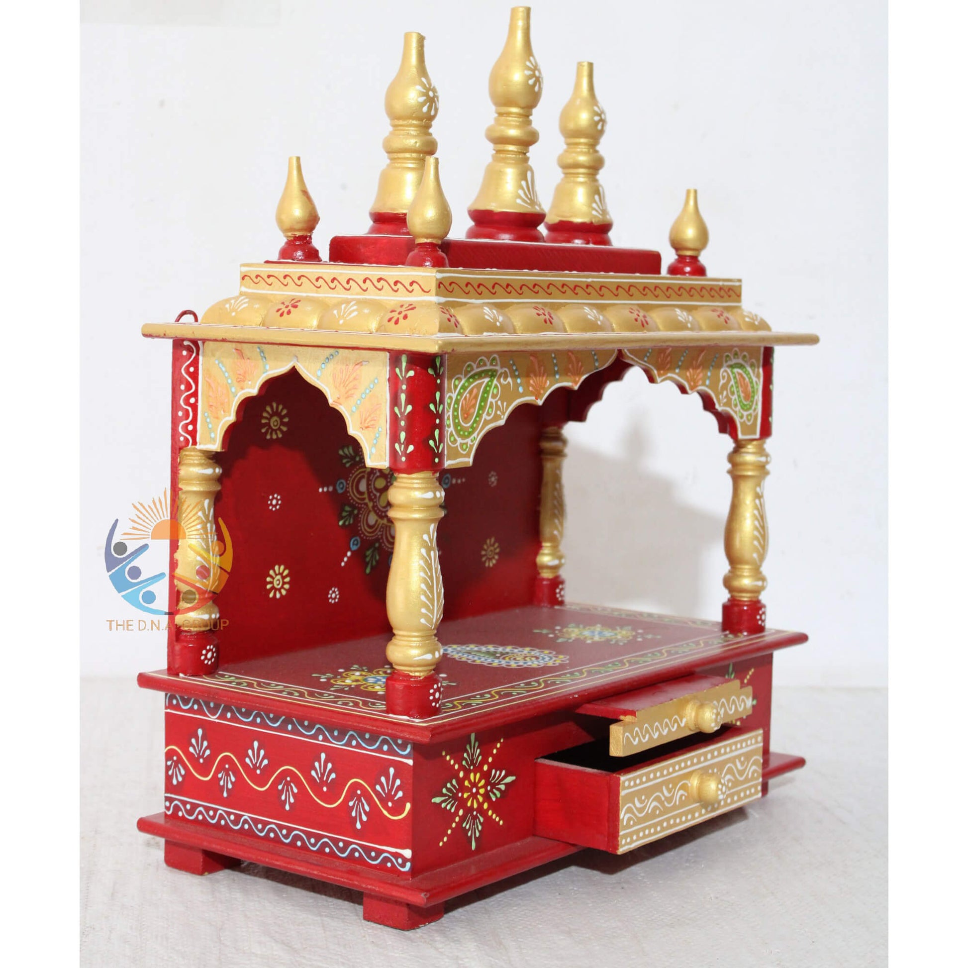 Handcrafted red and golden wooden temple with domes and floral design 15x8x18 inch pooja mandir with drawers