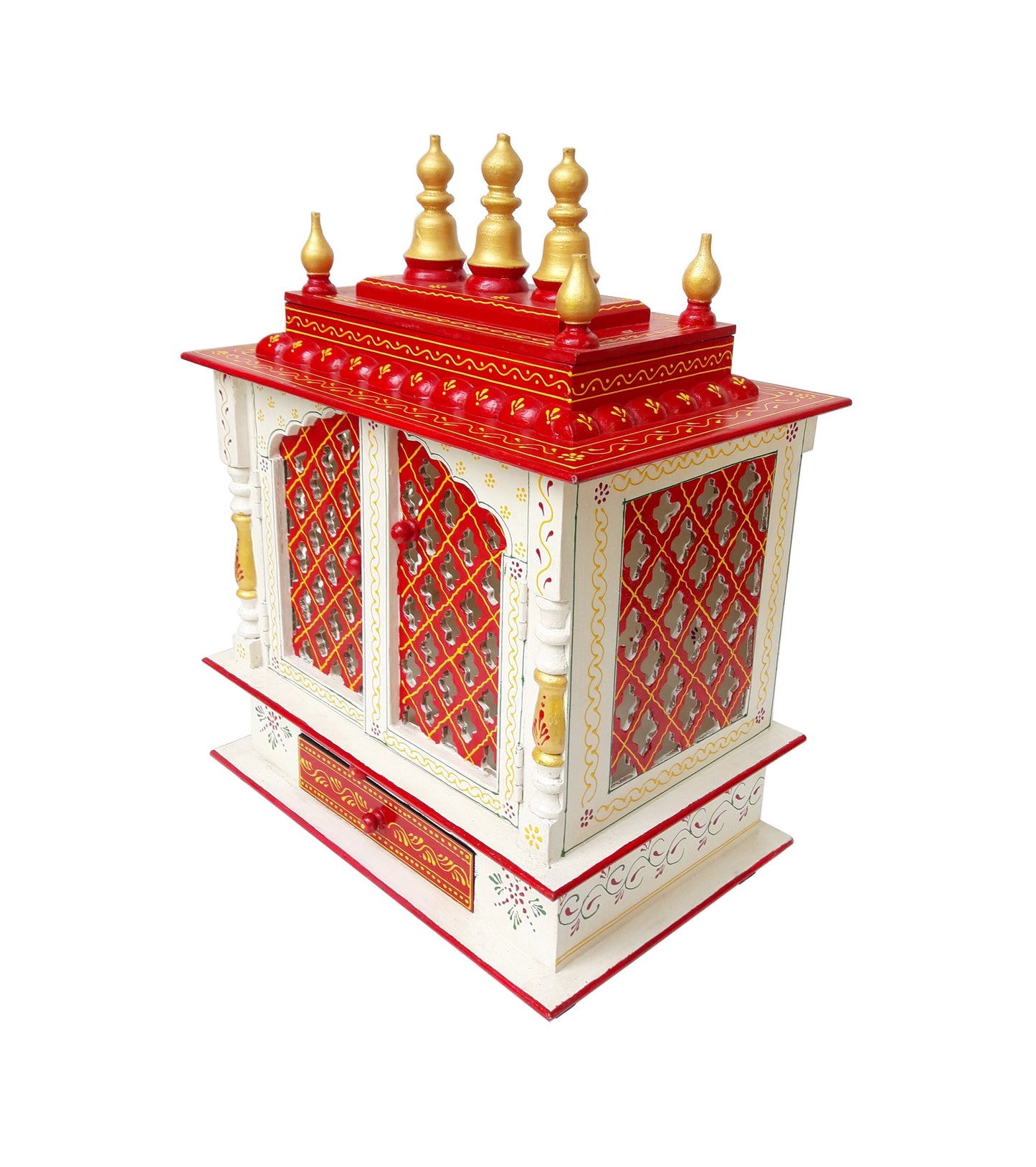 Hand Carved White Wooden Temple Red