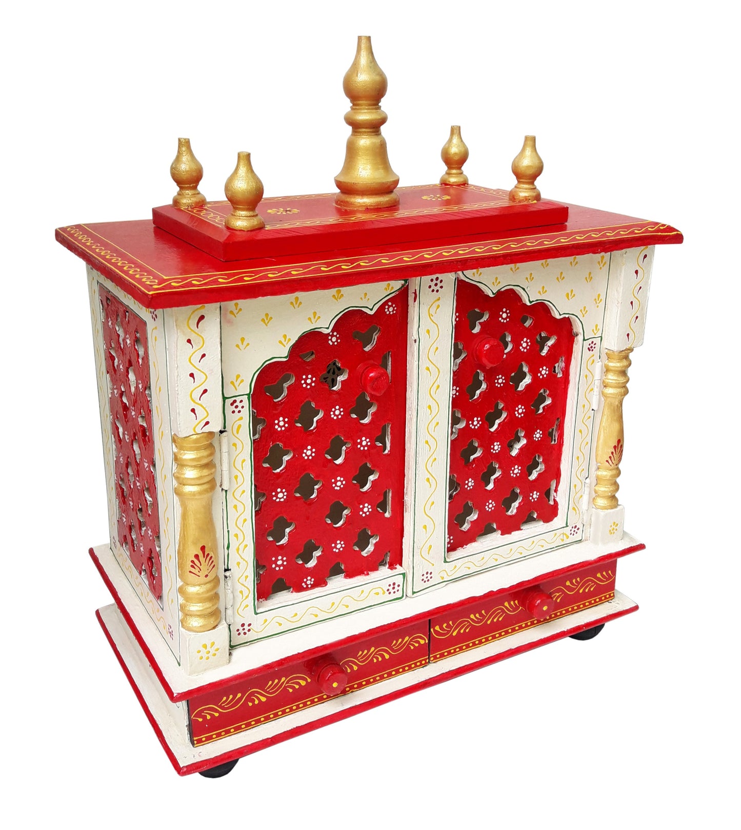 The Handmade Wooden Crafted Hindu Pooja Wooden by INDIAN CRAFTS STORE is a red, white, and gold mandir with floral designs, arched doors, gold spires, and base drawers—ideal as a pooja ghar or home temple.