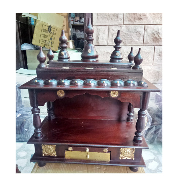 15" Wooden Mandir Brass Work Wooden