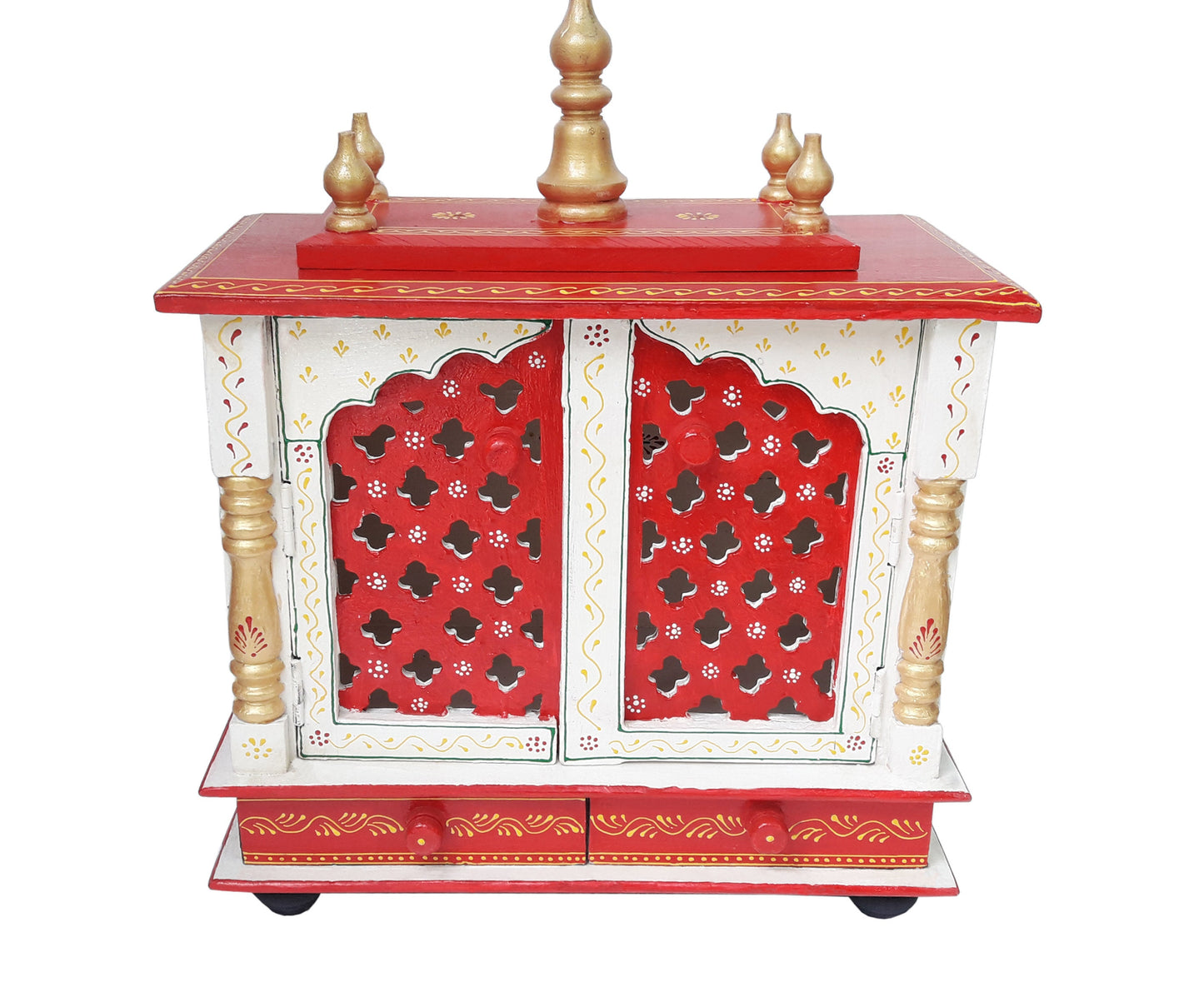 The INDIAN CRAFTS STORE Handmade Wooden Crafted Hindu Pooja Wooden is a decorative home mandir in red, white, and gold with ornate cut-out doors, golden pillars, two base drawers, and elegant golden finials.