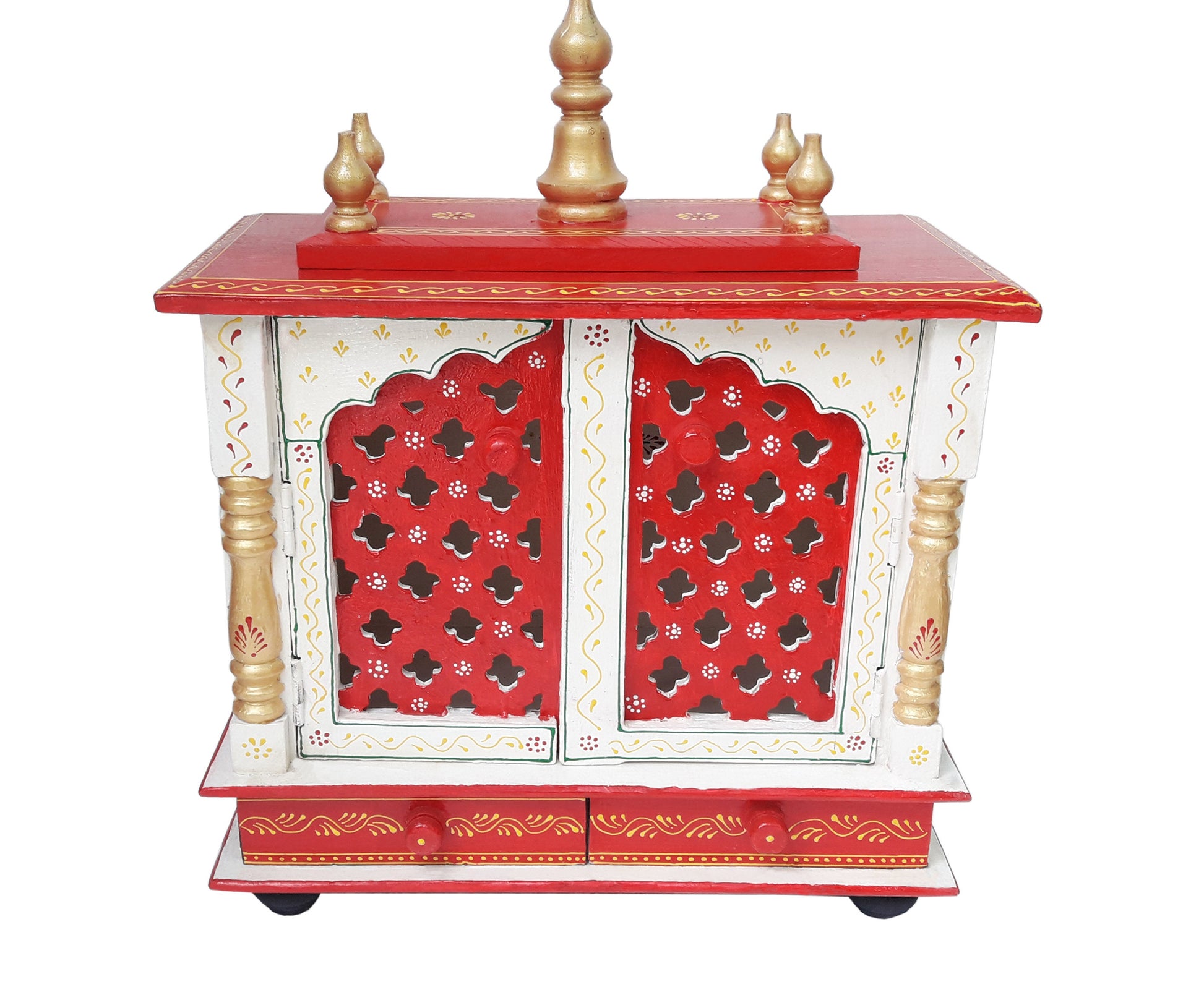 The INDIAN CRAFTS STORE Handmade Wooden Crafted Hindu Pooja Wooden is a decorative home mandir in red, white, and gold with ornate cut-out doors, golden pillars, two base drawers, and elegant golden finials.