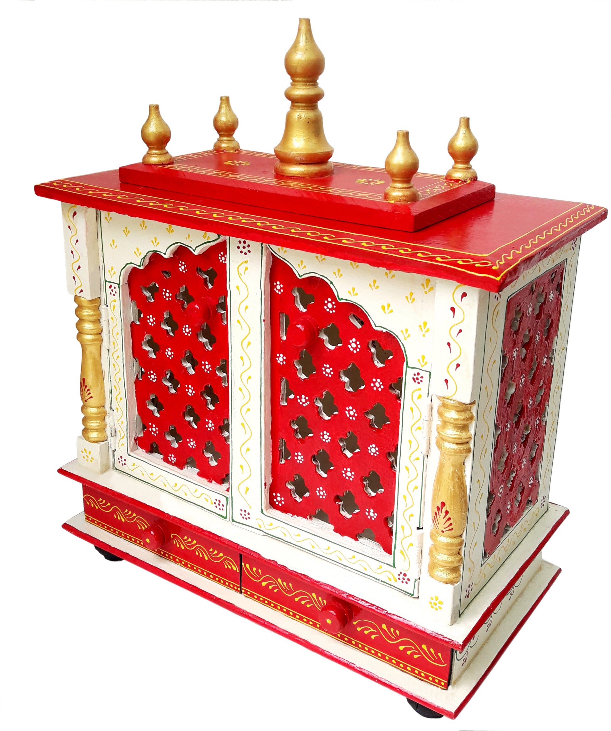 The INDIAN CRAFTS STORE Handmade Wooden Crafted Hindu Pooja Wooden temple features red and white wood, gold accents, lattice doors, ornate pillars, two base drawers, golden finials on top, and intricate painted floral patterns.