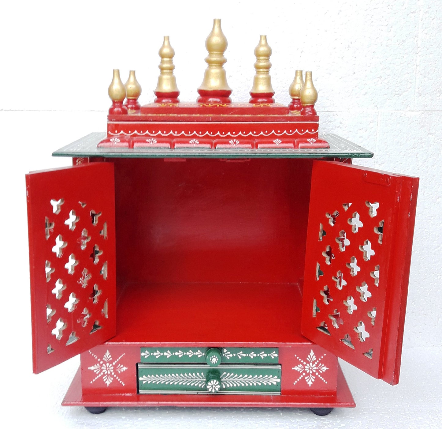 Wooden Temple Mandir For Home Red And Green