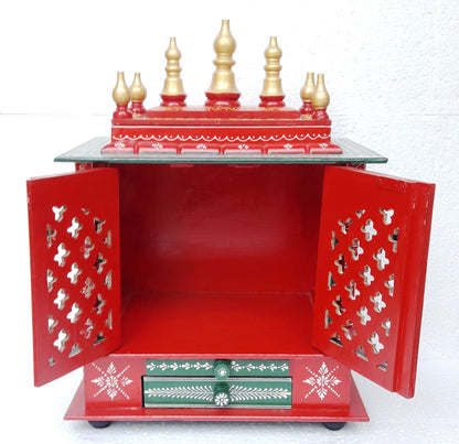 Wooden Temple Mandir For Home Red And Green
