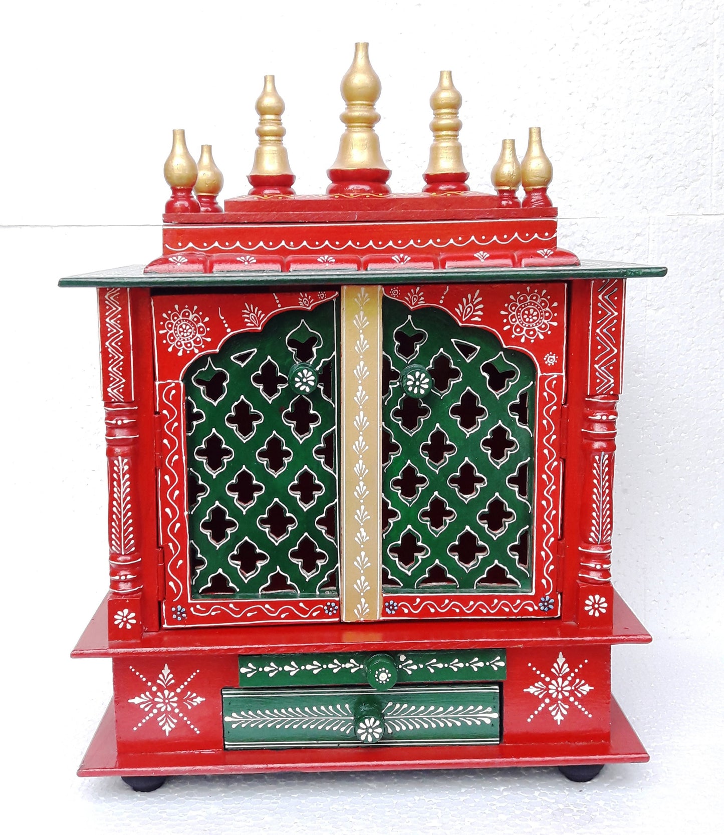 Wooden Temple Mandir For Home Red And Green