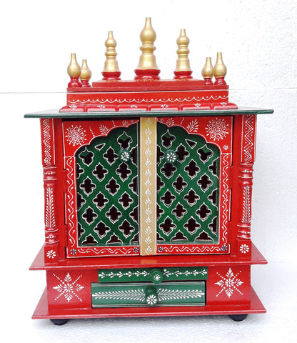 Wooden Temple Mandir For Home Red And Green