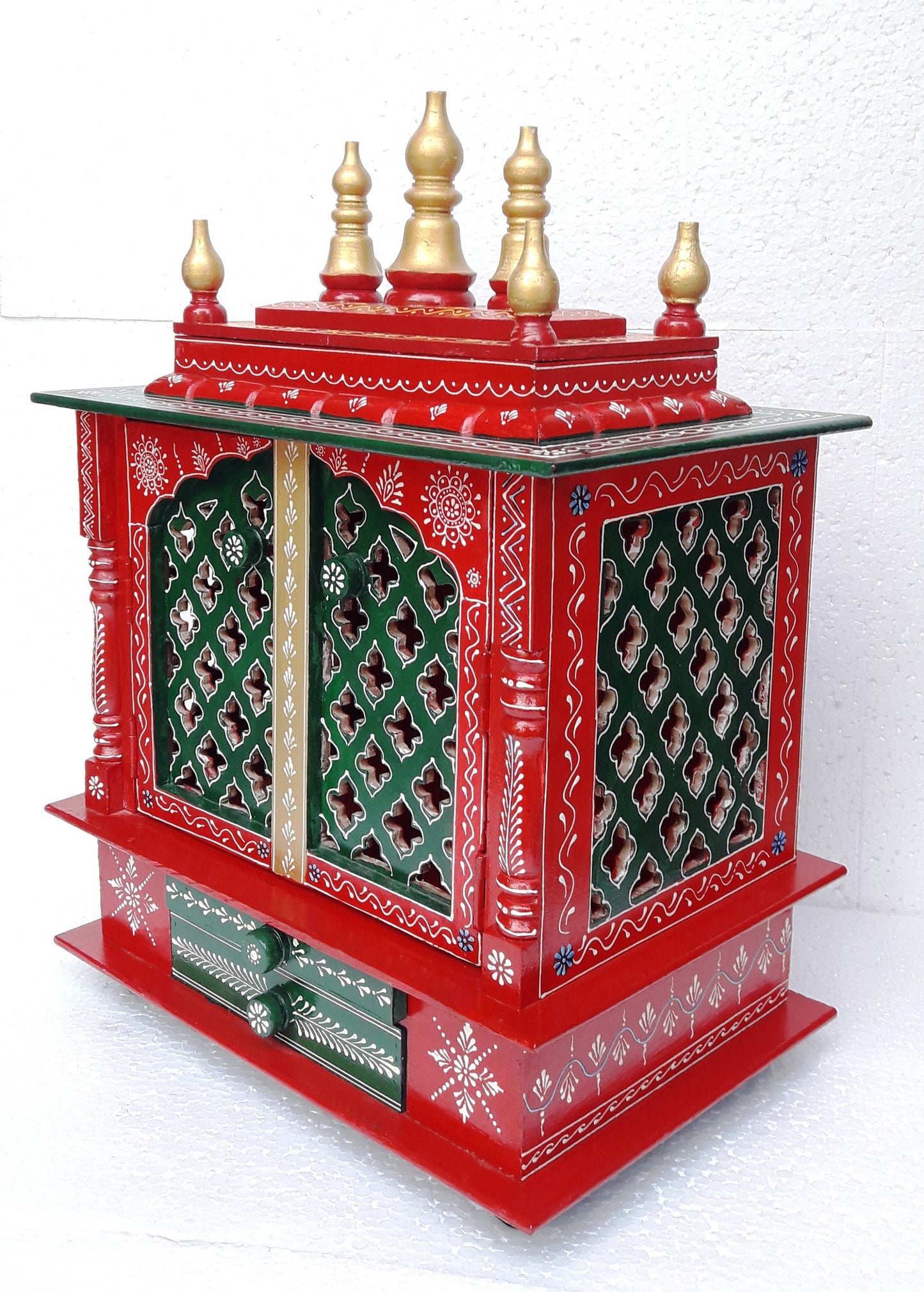 Wooden Temple Mandir For Home Red And Green