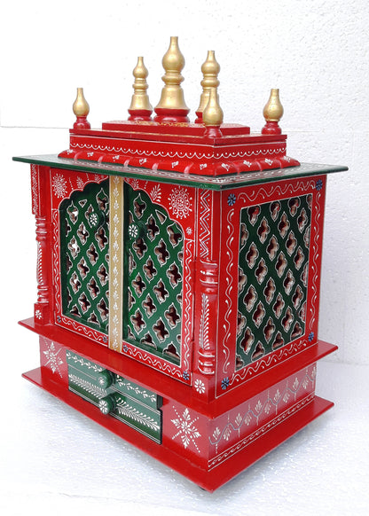 Wooden Temple Mandir For Home Red And Green