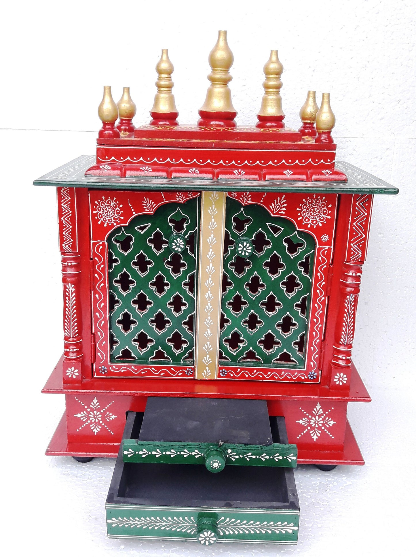 Wooden Temple Mandir For Home Red And Green