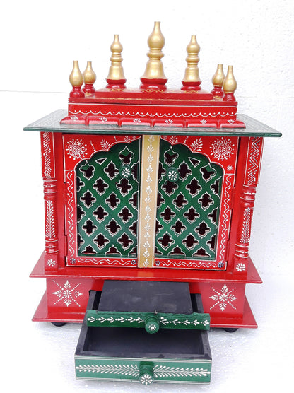 Wooden Temple Mandir For Home Red And Green