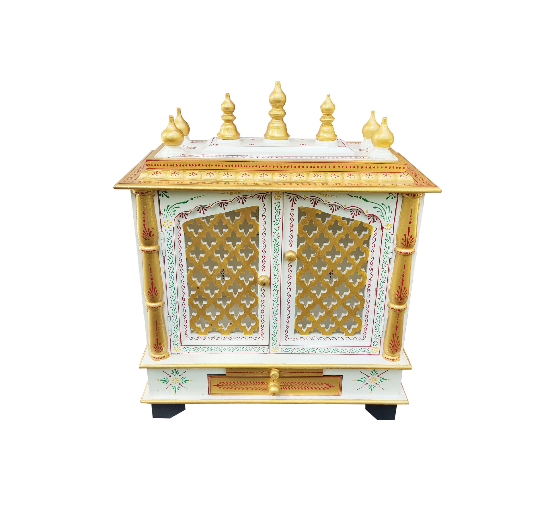 The INDIAN CRAFTS STORE Handcrafted Wooden Temple Mandir Puja features golden lattice doors, intricate painted designs, and five golden finials, beautifully displayed against a white background.