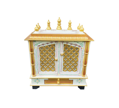 The INDIAN CRAFTS STORE Handcrafted Wooden Temple Mandir Puja features golden lattice doors, intricate painted designs, and five golden finials, beautifully displayed against a white background.
