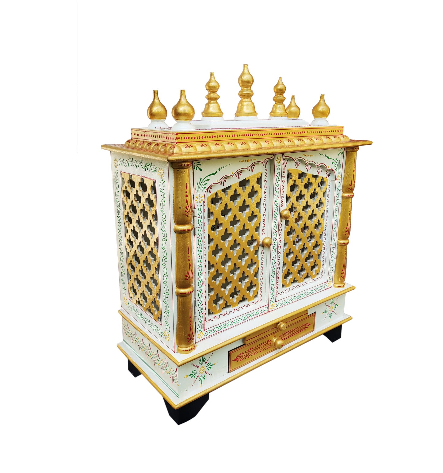 The INDIAN CRAFTS STORE Handcrafted Wooden Temple Mandir Puja features intricate lattice doors, gold accents, floral designs, and ornate finials, adding elegance to your pooja ghar. Displayed against a white background.