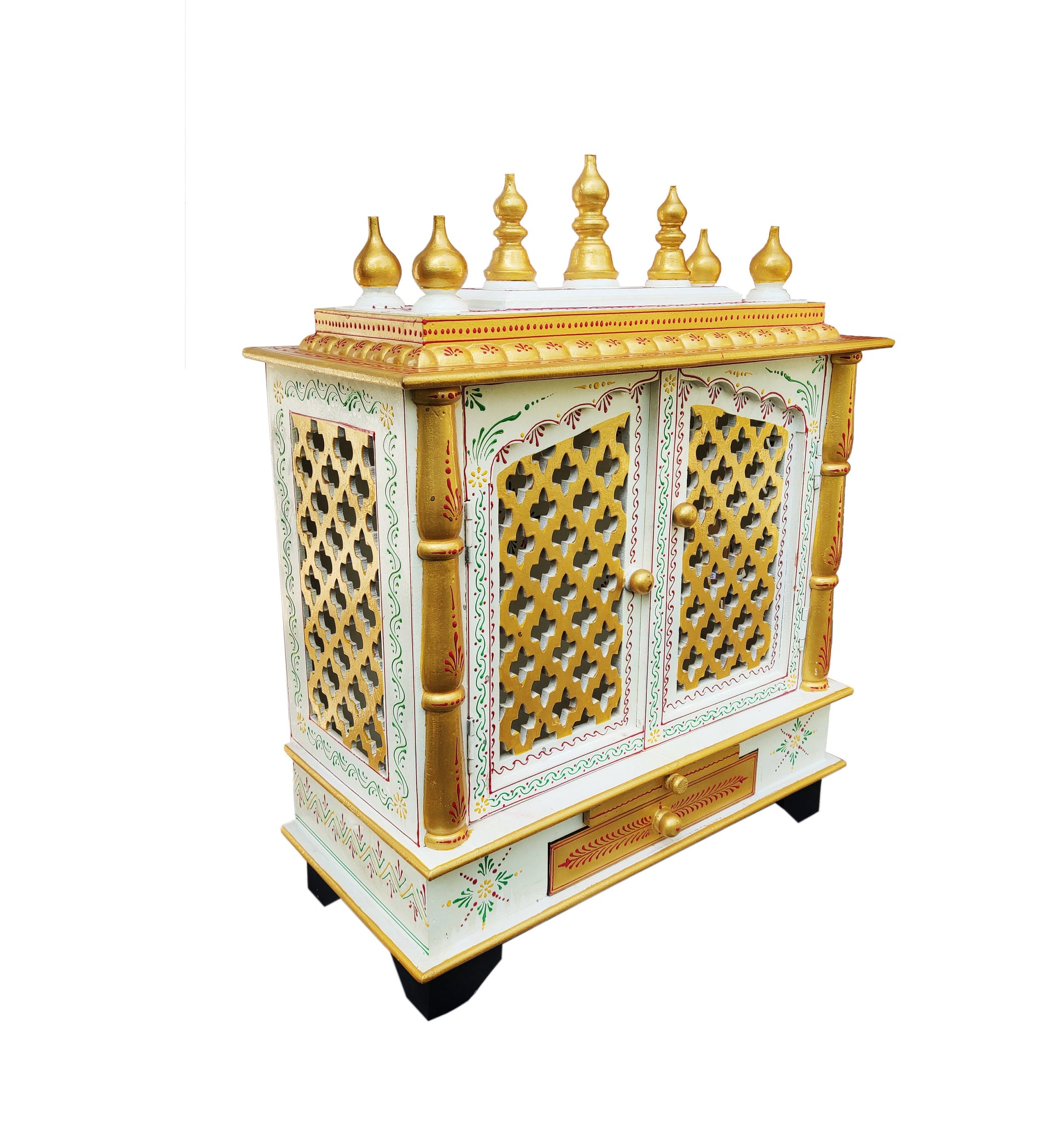 The INDIAN CRAFTS STORE Handcrafted Wooden Temple Mandir Puja features intricate lattice doors, gold accents, floral designs, and ornate finials, adding elegance to your pooja ghar. Displayed against a white background.