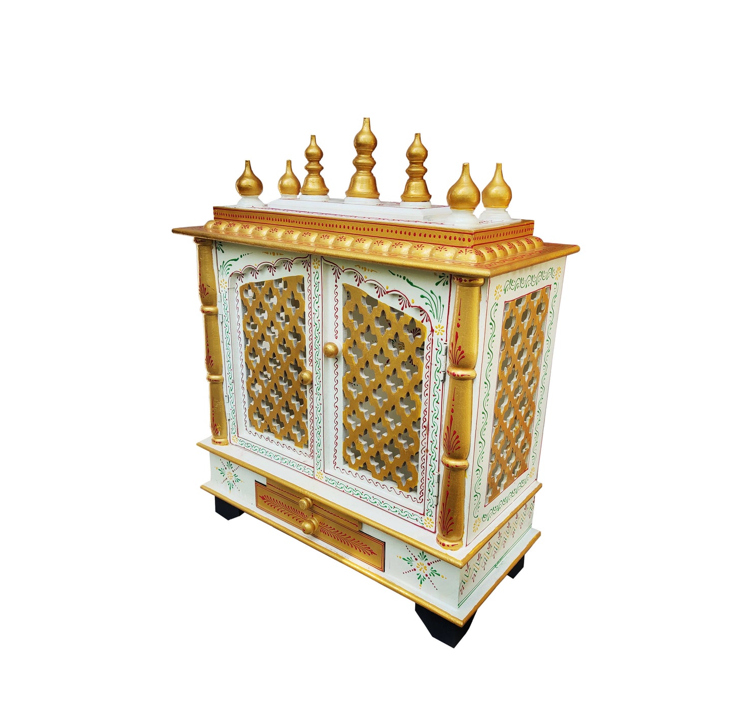 The INDIAN CRAFTS STORE Handcrafted Wooden Temple Mandir Puja features ornate finials, intricate lattice doors, hand-painted floral motifs, and golden accents on a white background for an elegant decorative touch.