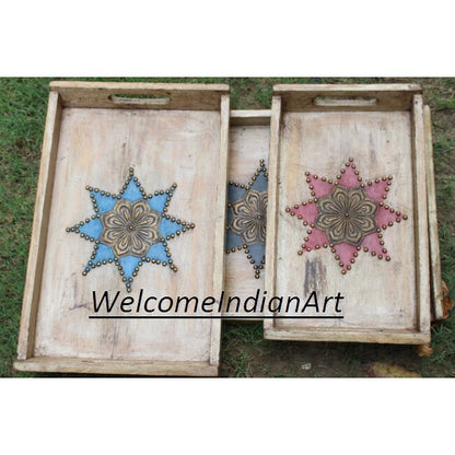 Handmade Wooden Serving Tray Unique Model 1 ( Set Of 3 )