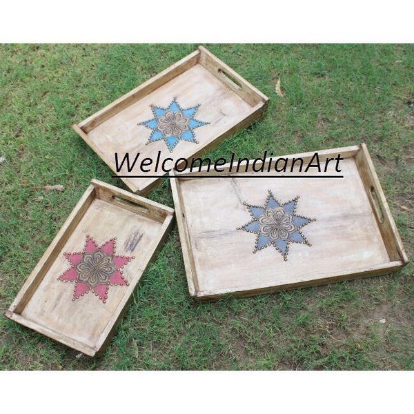 Handmade Wooden Serving Tray Unique Model 1 ( Set Of 3 )