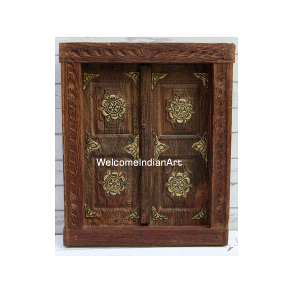 Antique Metal Fitted Old Wooden Indoor Shutter Frame, Exterior Distressed Window, Shabby Chic, Rustic Farmhouse Decor Indian Wall HangingArt