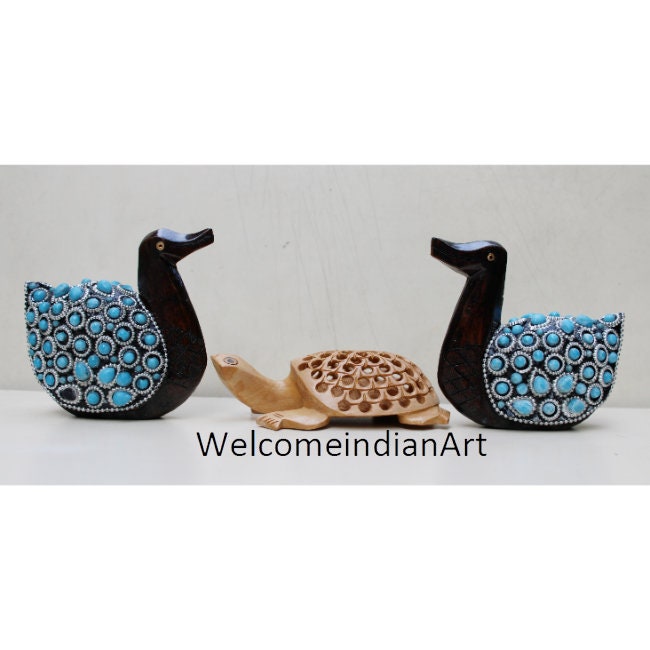Wooden Carved Turtle With Duck Set