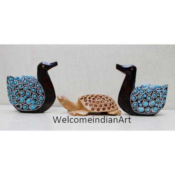 Wooden Carved Turtle With Duck Set