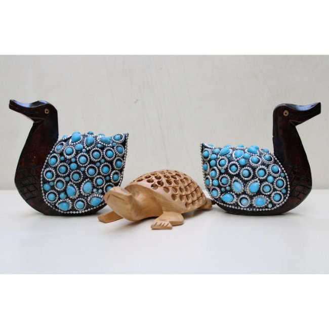 Wooden Carved Turtle With Duck Set