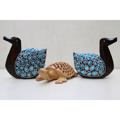 Wooden Carved Turtle With Duck Set