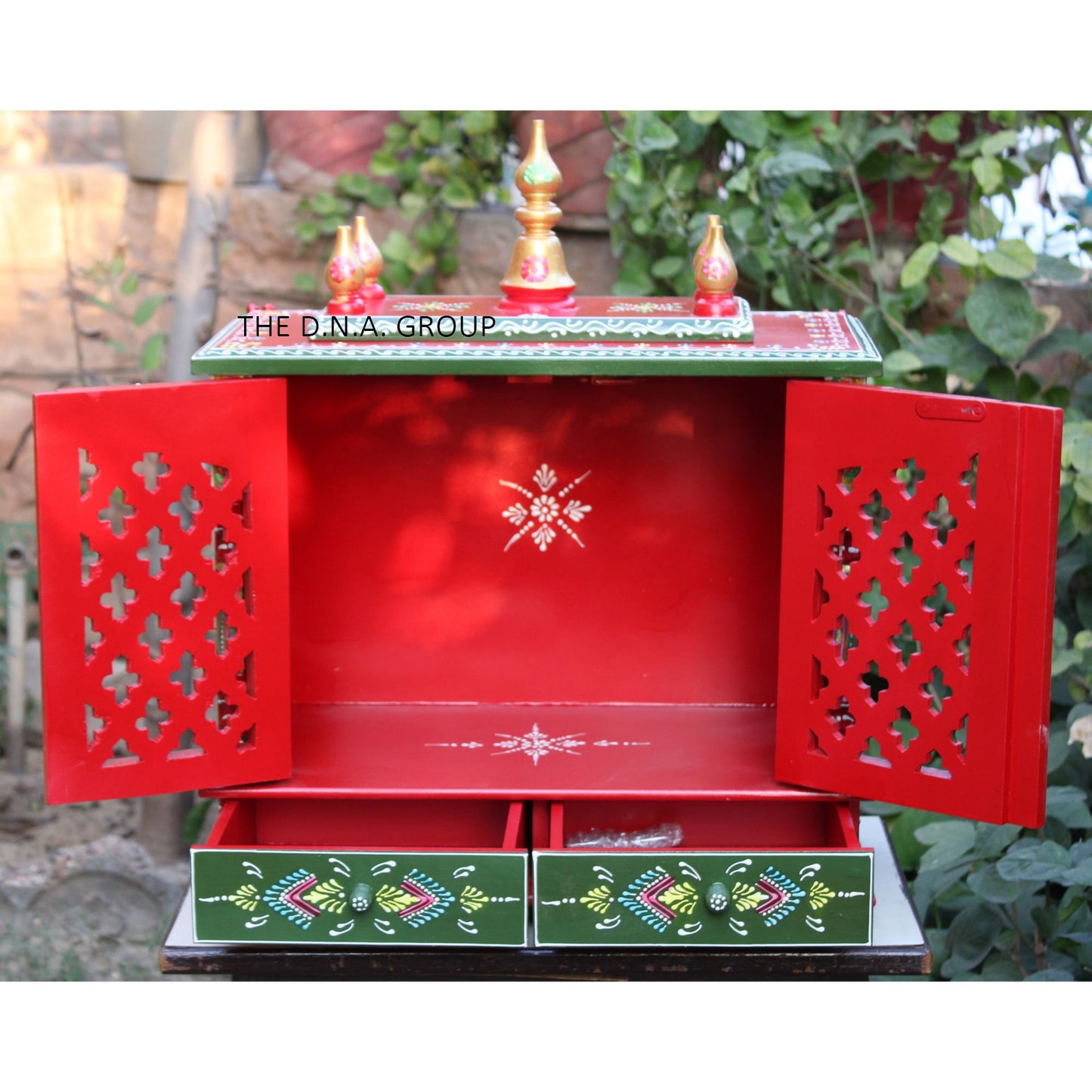 Red & Green Wooden Temple Mandir For Home