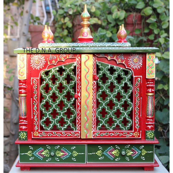 Red & Green Wooden Temple Mandir For Home