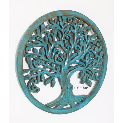 Round Wooden Tree Wall Art Blue