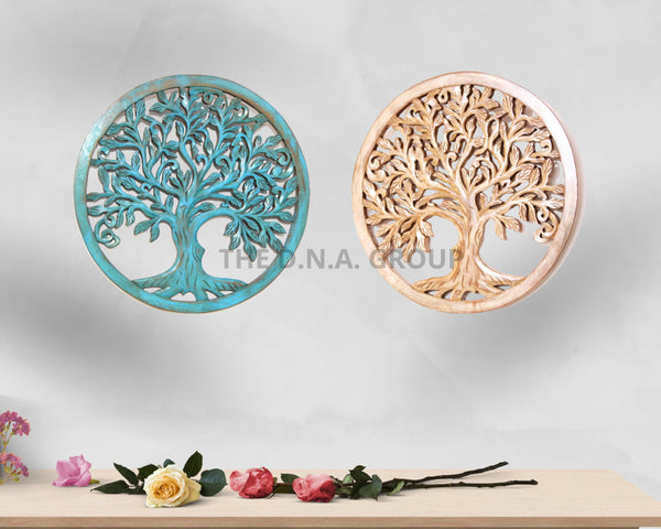 Round Wooden Tree Wall Art Blue