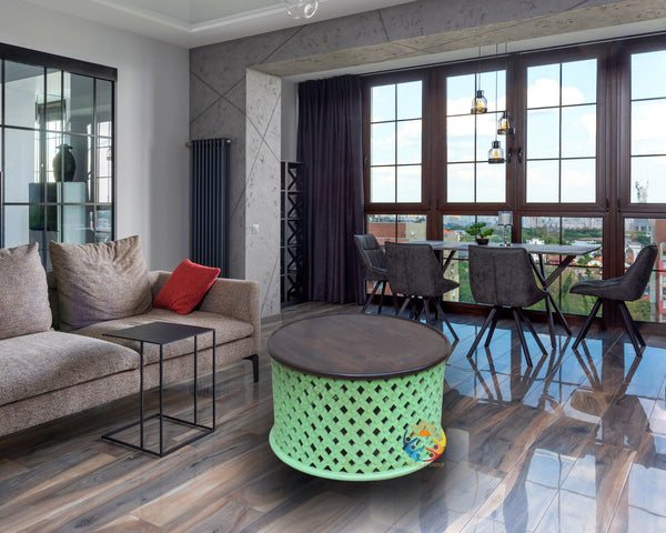 Wooden Coffee Table Hand Carved Round Table Raw Mango Wood Lattice Green Unique Balcony Living Room Furniture Floor Table For Tea Ceremony