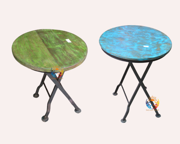 Wooden Coffee Table Round Portable Stool for Outdoor Handmade Recycled Wooden Tea Table With Folding Iron Leg, Indian Handicraft furniture