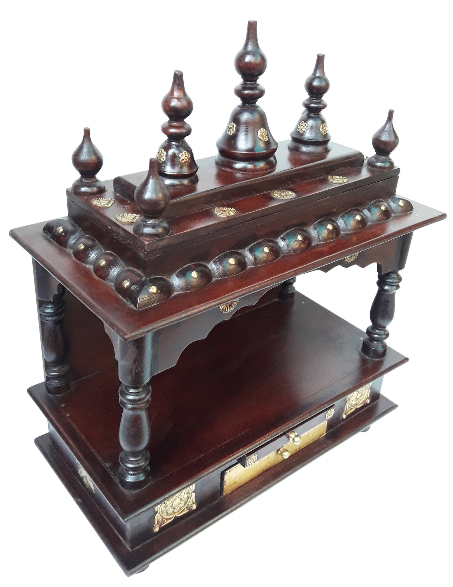 The Handcrafted Wooden Pooja Ghar Art Wooden by INDIAN CRAFTS STORE features ornate carved pillars, gold accents, dome finials, and two tiers—an elegant home temple ideal for displaying idols or gifting as a beautiful home décor piece.
