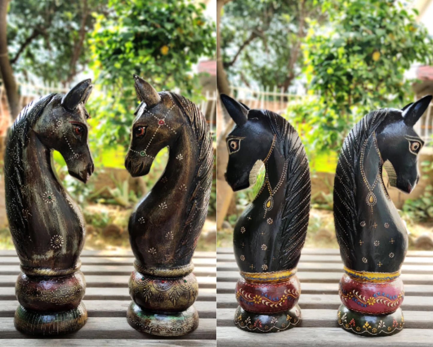 Wooden Hand Carved Horse Bookends Model 1